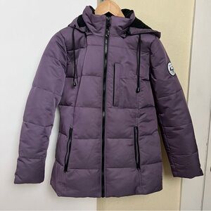 Artic expedition Gaspe hybraDOWN Parka plum purple puffer zip up jacket.